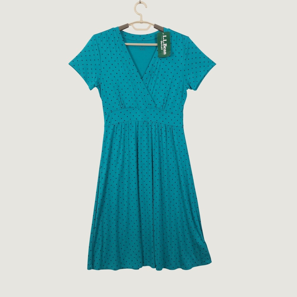 LL Bean Summer Knit Dress Medium Teal Polka Dot Empire Waist Feminine Preppy NEW